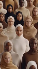 Obraz premium A diverse group of women wearing hijabs stand together, symbolizing unity and empowerment. The image focuses on themes of feminism and diversity.