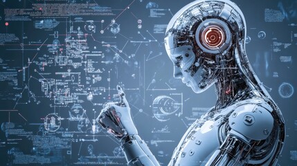 A futuristic robot interacts with digital data, showcasing advanced technology and artificial intelligence in a sleek, metallic design.