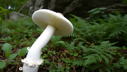 Macro photograph, white mushrooms, forest floor, lush green ferns, dark background, naturalistic, high contrast, sharp focus, mystical atmosphere, earthy textures, vibrant foliage, woodland scene, eth