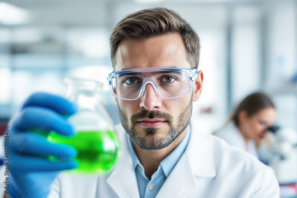 Poster scientist holding a flask with green liquid in a modern laboratory.