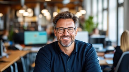 Obraz premium A professional man with glasses smiles confidently in a stylish office environment, showcasing a modern and collaborative workspace that's full of energy.