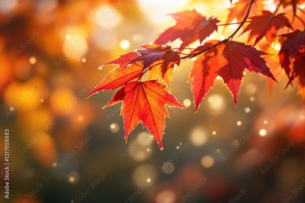 Poster close-up of vibrant red autumn leaves with soft golden bokeh background.