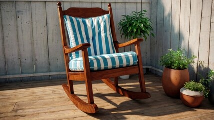 Cozy Rocking Chair with Striped Cushions in Sunlit Room: A Perfect Retreat for Relaxation and Comfort, Ideal for Home Interiors and Lifestyle