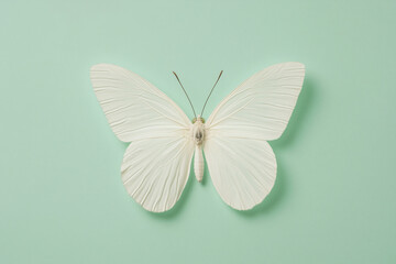 White Butterfly on Mint Background: A delicate white butterfly with intricate wing patterns rests gracefully on a soft mint green background.