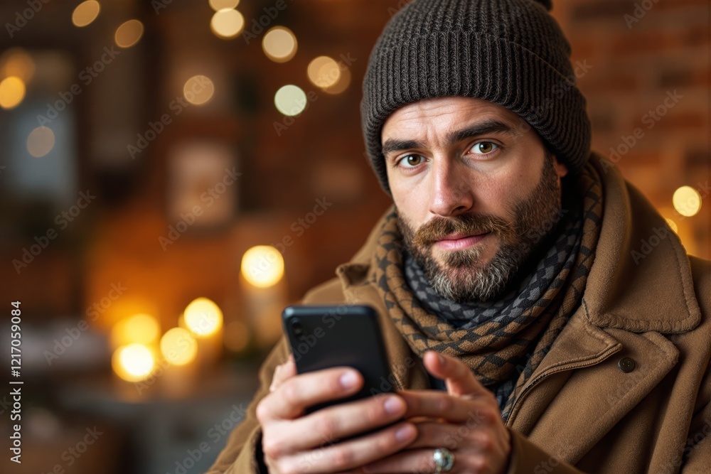 Poster man using smartphone in cozy setting with warm bokeh lights in the background.