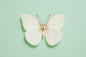 White Butterfly on Mint Green: A delicate white butterfly with subtle beige markings rests gracefully on a soft mint green background, creating a serene and minimalist image.  