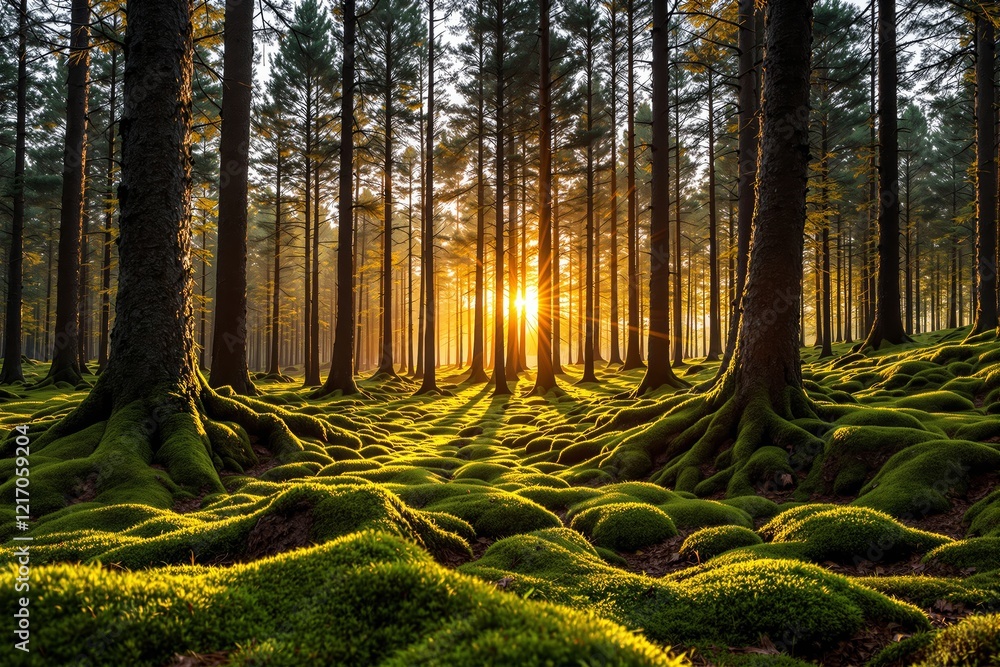 Poster sunlight filtering through a dense forest with moss-covered ground.