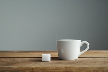A single espresso cup styled on a wooden table with a sugar cube beside it. picture