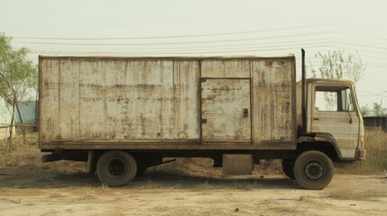 Old, weathered truck parked in a rural area with overgrown grass and distant trees in the background