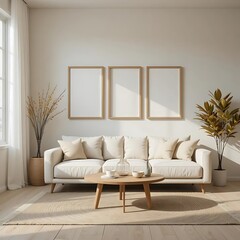 Minimalist living room, mid-century modern armchairs, warm beige tones, large white canvas art, floor lamp, small wooden side table, sunlight casting shadows, textured white wall, 