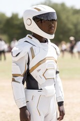 Person wearing futuristic white armor with gold accents, standing outdoors on a sunny day.