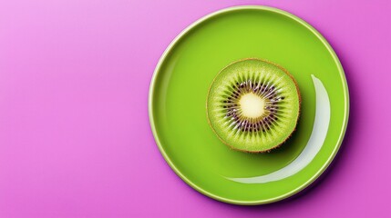 A Sliced Kiwi on a Green Plate Against a Purple Background