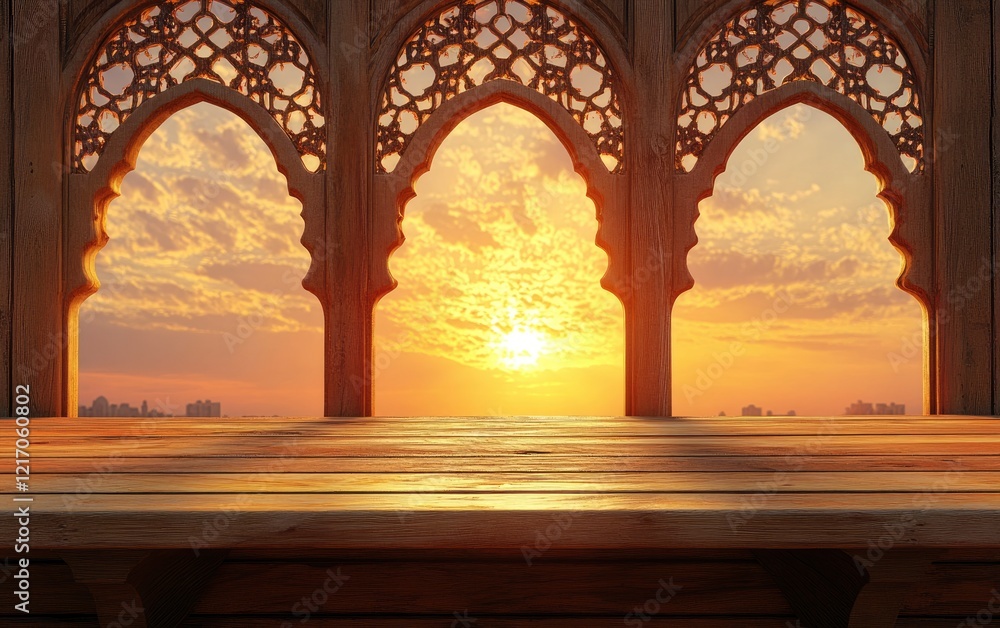 Poster wooden table top with three empty spaces in front of arabic arches and a window against a sunset sky
