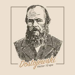 Portrait of Dostoevsky, illustration in the style of a medieval engraving