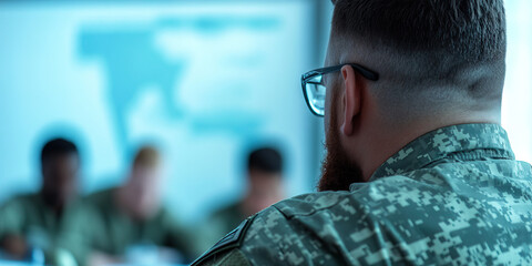 Rear View of Soldier in Camouflage Uniform at Briefing