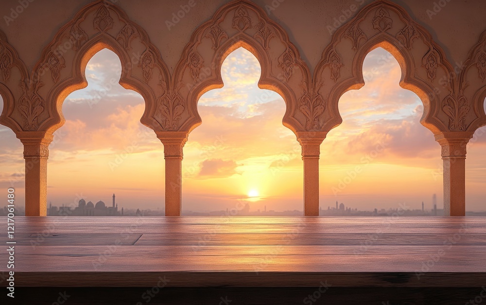 Aufkleber wooden table top with three empty spaces in front of arabic arches and a window against a sunset sky
