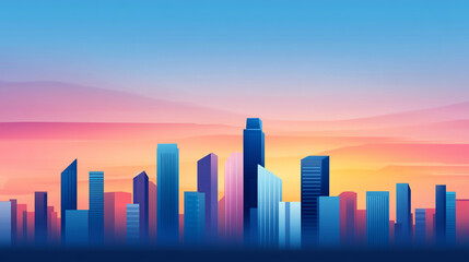 Fototapeta premium Colorful city skyline at sunset with skyscrapers and vibrant sky hues.