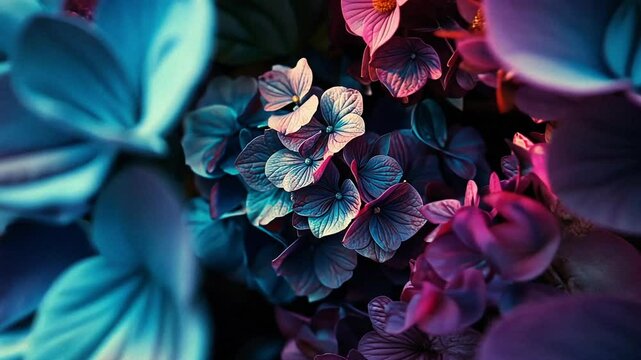 Deep teal and vibrant purple foliage frame a cluster of delicate hydrangea blossoms. This stunning stock video offers a close-up view of natural beauty, perfect for projects related to flowers