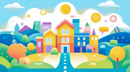 Naklejka premium Charming Town Illustration: Colorful Houses, Road, and Sunny Sky