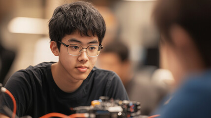 Student Listening to Mentor in Robotics Workshop