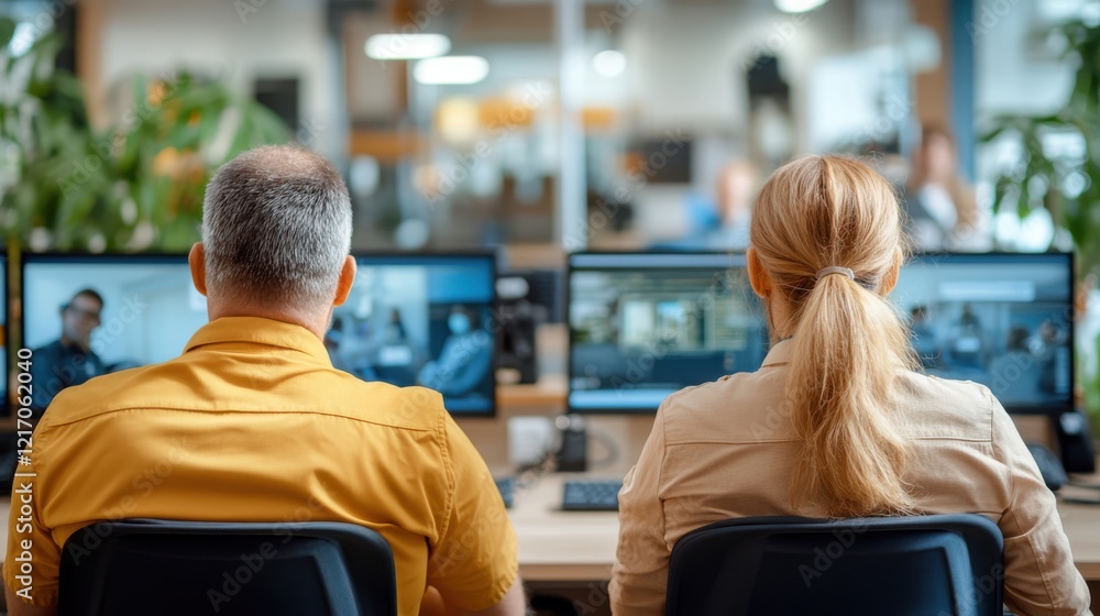 Poster this image showcases two professionals attentively monitoring multiple screens in a collaborative of