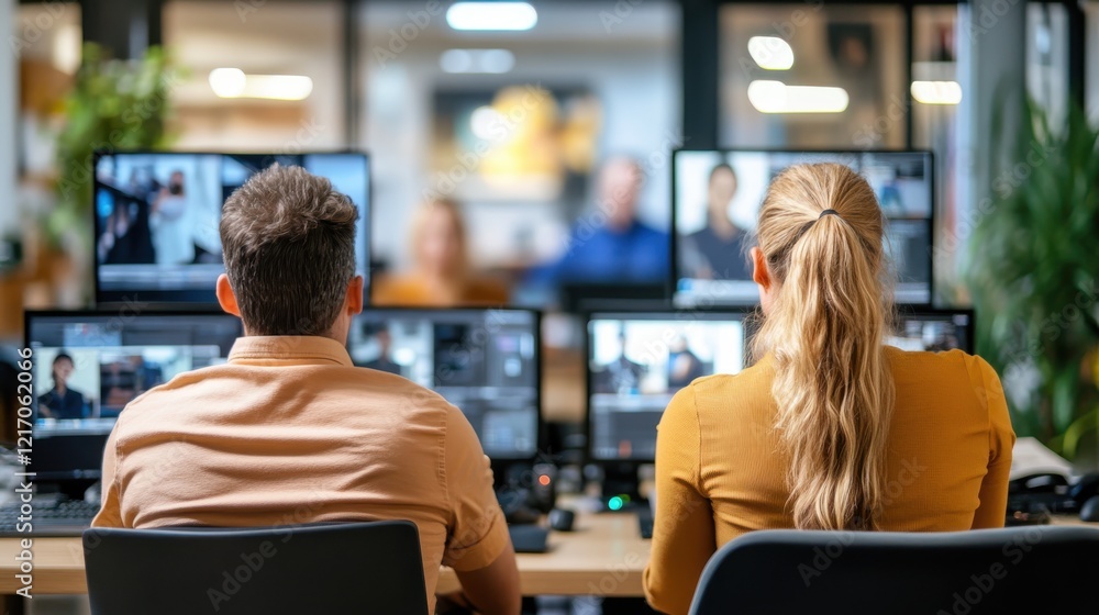 Poster in this image, two individuals visibly concentrate on their tasks in a collaborative modern work env