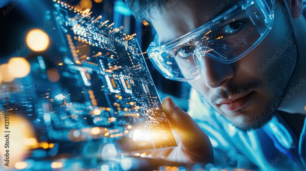 Poster close up shot of engineer inspecting and repairing futuristic high tech circuit board with soldering