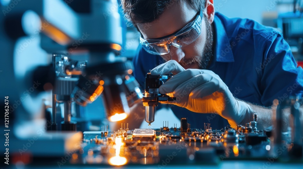 Poster electrical engineer examining microchip circuit board with magnifying glass in high tech workspace