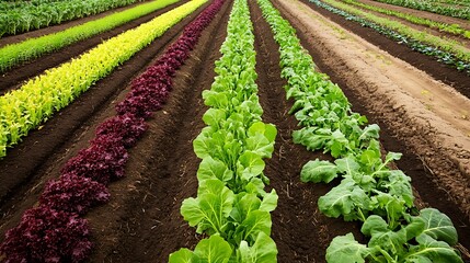 An aerial view of a field segmented into different crops in vibrant colors, demonstrating crop rotation and the variety of plants growing in each section