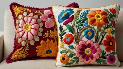 Vibrant Floral Embroidery on Decorative Pillow: A Cozy Touch for Elegant Home Interiors and Perfect Addition to Any Living