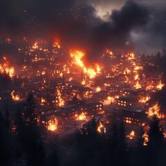 A massive blaze engulfs the urban landscape, with flames and smoke billowing into the air