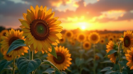 Obraz premium SunflowSunflower field at sunset with golden sunlight er field at sunset with vibrant yellow blooms 