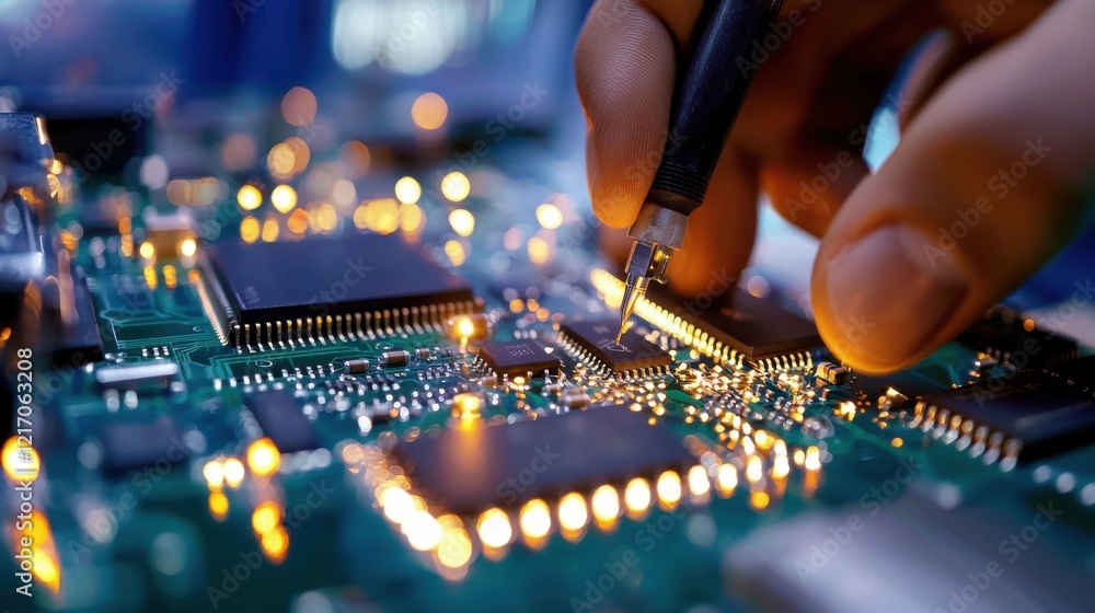 Poster closeup of a computer circuit board with glowing microchips and electrical connections