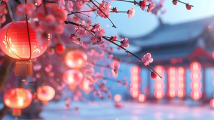 Bright Lanterns Hang Gracefully Beside Cherry Blossoms.