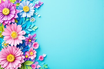 Fototapeta premium Colorful paper flowers on blue background with creative floral arrangement.