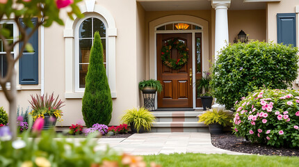 Naklejka premium Elegant Home Entrance with Landscaping and Autumnal Wreath. Beautiful architecture and landscaping design for a luxurious house.