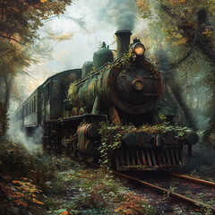 Overgrown steam train travels through an enchanted forest on a misty autumn afternoon