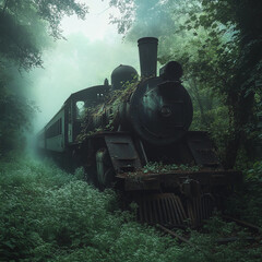 Old steam train abandoned in lush green forest with misty atmosphere during early morning
