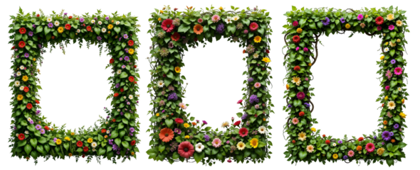 Floral Frame with Colorful Flowers and Vines, isolated on white or transparent png background