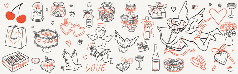 Valentine day print set. Romantic date or holiday collection with cute baby angel or cherub, hearts, flowers, love locket, doves, cupid firing bow. Valentine or wedding invitations, placard elements.