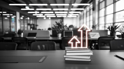 Economy blooming growth opportunity concept. Office workspace with stacked books and upward arrows symbolizing growth and progress.