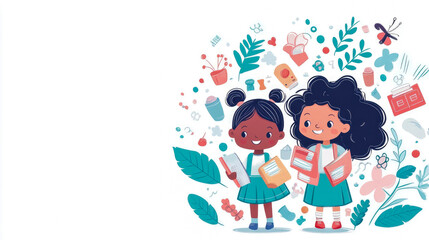 Joyful Schoolgirls with Books and Colorful Elements: Back to School Illustration