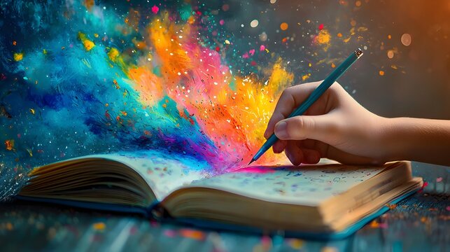 A child writing a story in a colorful notebook, their imagination flowing onto the page