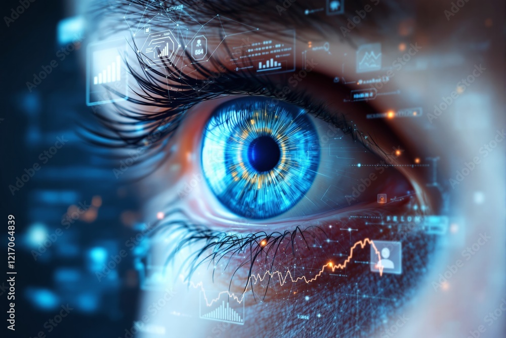 Poster close-up of a blue eye with data overlays and digital elements on a blurred background.