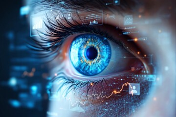 Close-up of a blue eye with data overlays and digital elements on a blurred background.