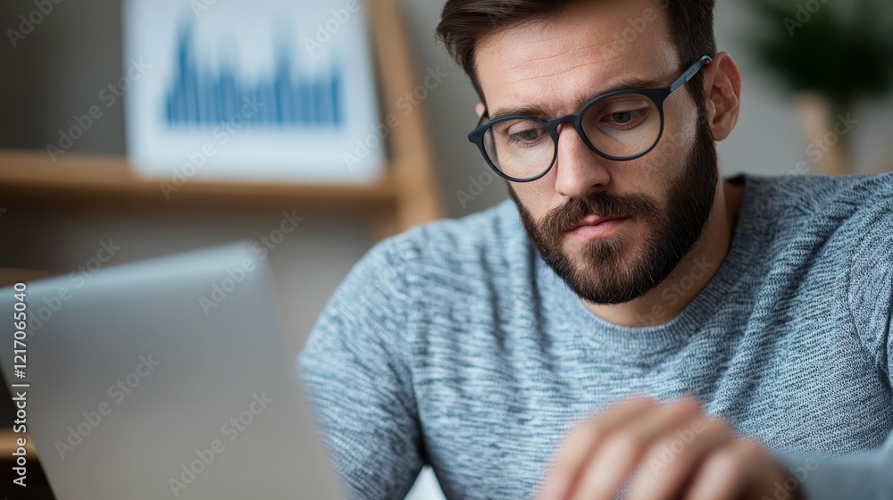 Poster a focused bearded man in glasses studies data on his laptop at home, showcasing a serene workspace w