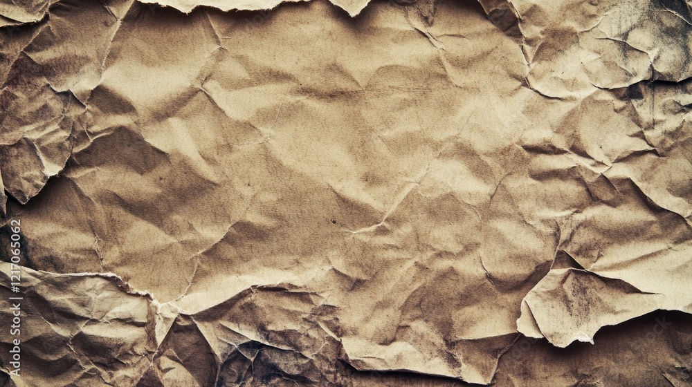 Poster a detailed view of a fragment of brown paper with texture and creases