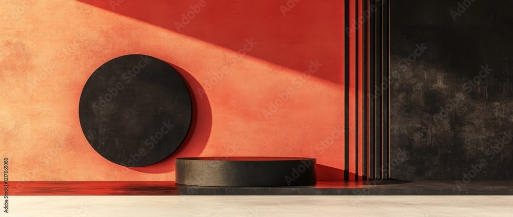 Poster abstract 3d render of a red background with empty podium for product presentation and mockup design 