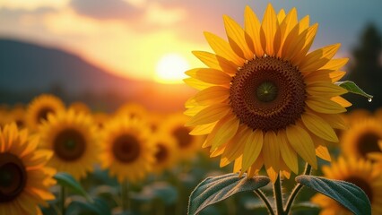 Obraz premium SunflowSunflower field at sunset with golden sunlight er field at sunset with vibrant yellow blooms 