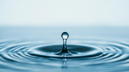 A close-up of a water droplet creating ripples in a calm water surface.